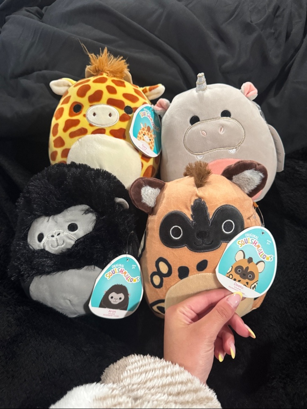 Squishmallows Plush Set - Yellow Giraffe, Gray Hippo, Black Gorilla, Tan hyena